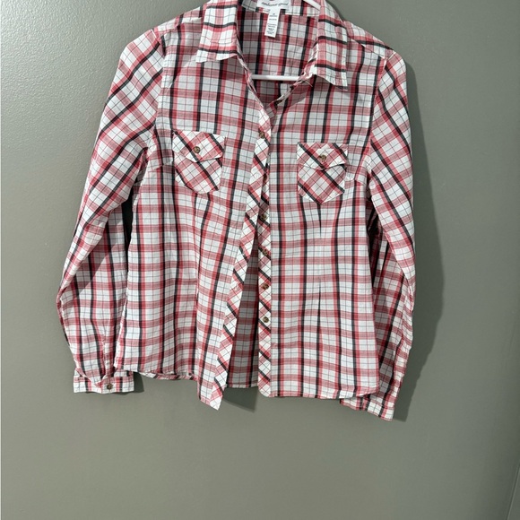 Plaid Button-Up Shirt - Red and White - Picture 1 of 6